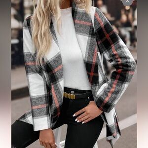 Vintage Plaid Knitted Coat - Chic Open Front with Belt- Gingham Style